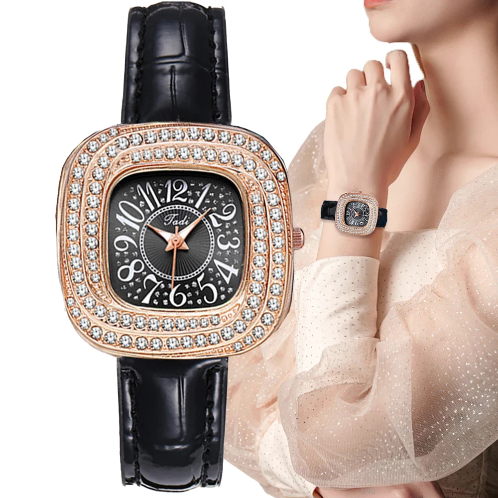 

Ladies Luxury 2024 Full Star Diamonds Square Digital Quartz Watch Fashion Black Leather Women's Simple Gift Clock Wristwatch