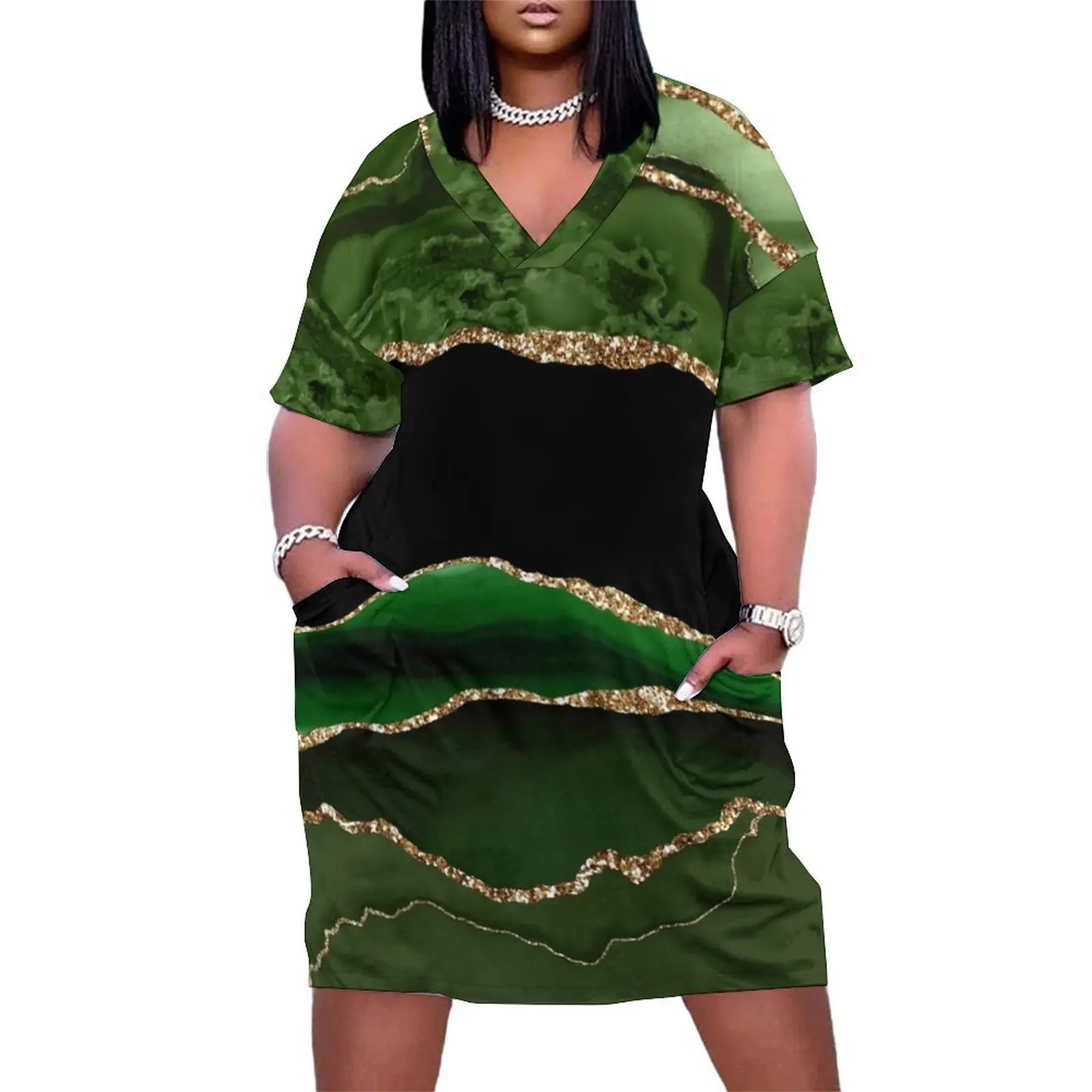 

Emerald Green Faux Malachite Marble Loose Pocket Dress Dresses gala cocktail dresses