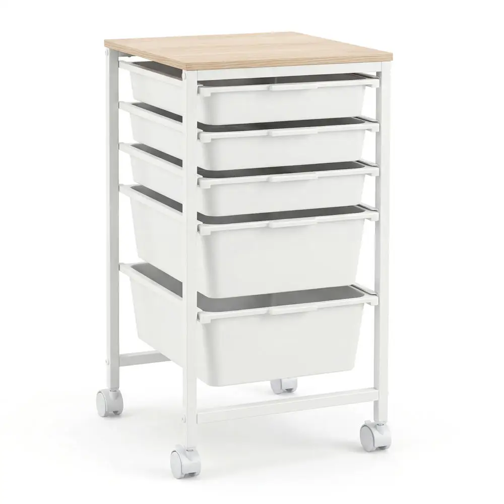 Drawer Rolling Storage Cart Mobile Utility Organizer With Wooden Tabletop And Lockable WheelsWhite
