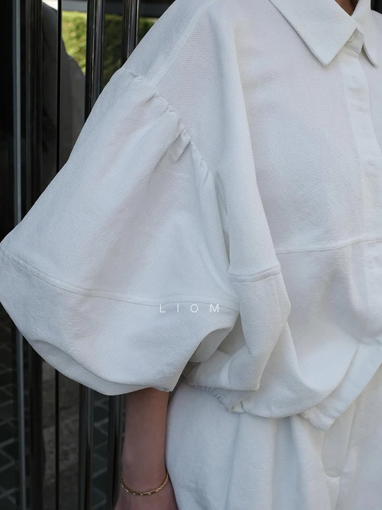 Japanese Elegant Retro Commuter Blouse Polo Collar Bubble Sleeve Single-breasted Versatile Casual Loose Shirts Tops Women Summer