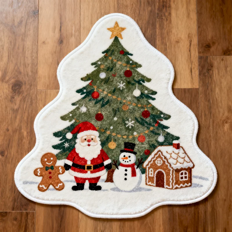 VIKAMA Christmas Tree Shaped Carpet Santa Claus Snowman Print, Anti Slip Soft Texture Pad Cute Gingerbread House Home Decoration