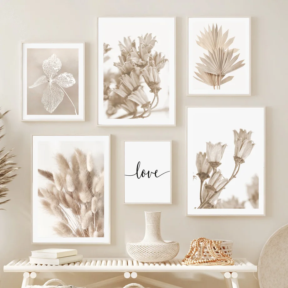Neutral Beige Boho Wall Art Canvas Poster Print Rabbit Tail Grass Dried Flower Palm Leaf Minimalist Love Quote Bedroom Living Ro