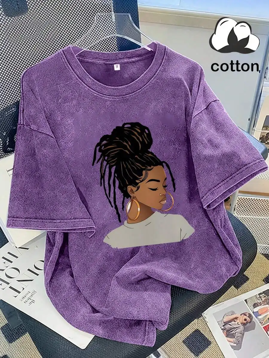 2026 Fashion New Arrival Womens Casual Short Sleeve T Shirt Hot Girl Portrait Print Washed Cotton Crew Neck Tee 100% Percent Cotton Everyday Wear Basic Top T Shirt