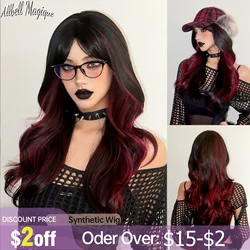 Black Highlight Red Hair Wigs with Bangs Long Wavy Black Mixed Red Synthetic Wig for Woman Cosplay Colorful Wig Heat Resistant