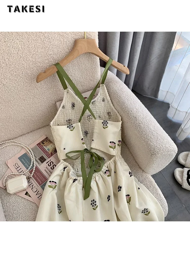 Women Round Neck Sexy Slim Fit Floral Print Suspender Dresses 2024 Summer Casual Hollow Out High Waist Lace-up Fairy Dress