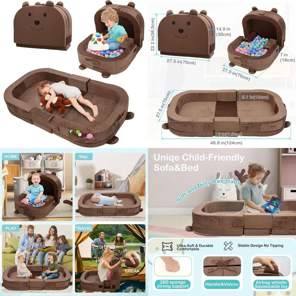 

Portable Toddler Travel Bed: Foldable Baby Cot with Removable Pillow, 200GSM Dutch Fleece & 28D Sponge, Bear-Shaped 2-in-1 for N