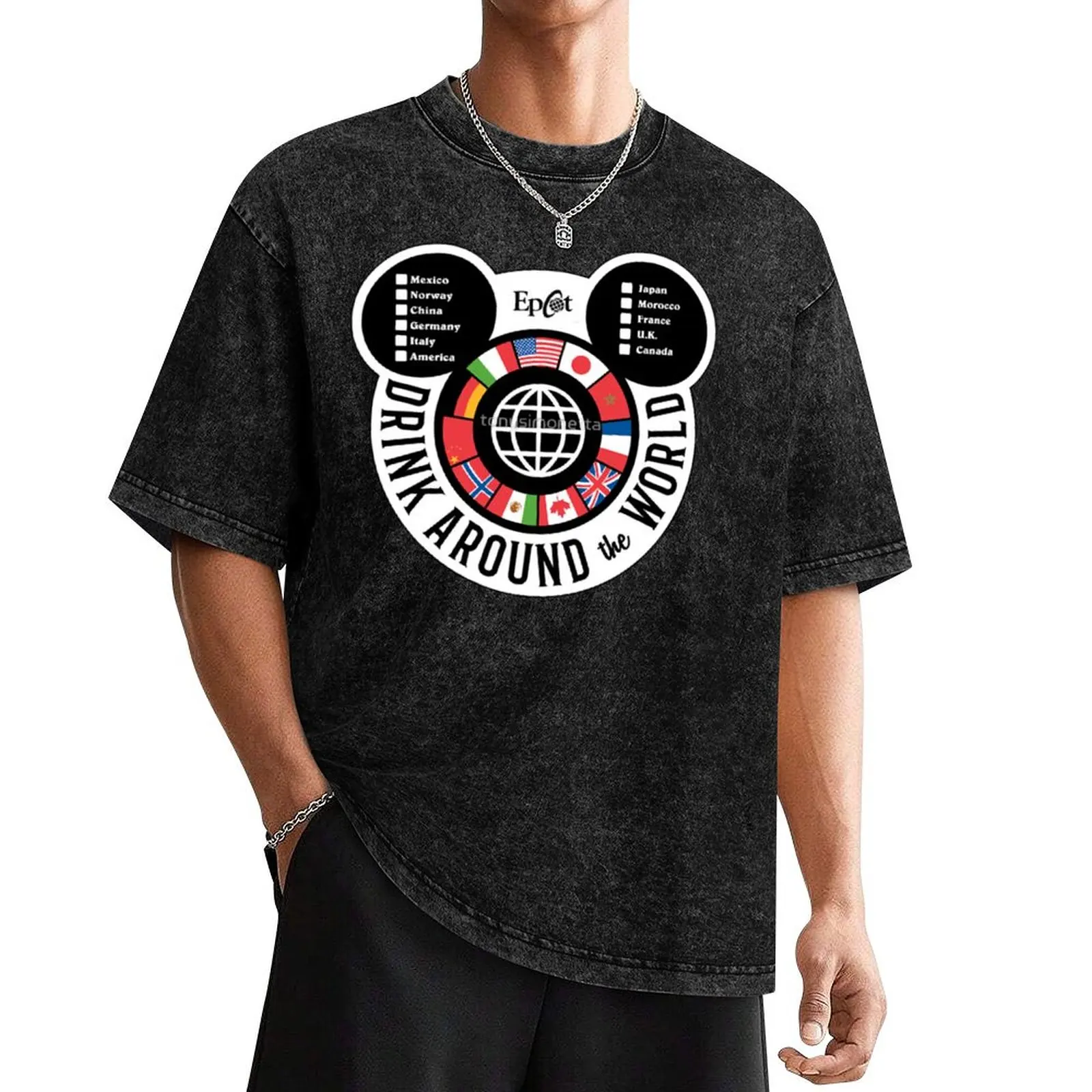 

Official Drink Around The World Epcot Checklist mickey T-Shirt summer top designer shirts korean fashion workout shirts for men