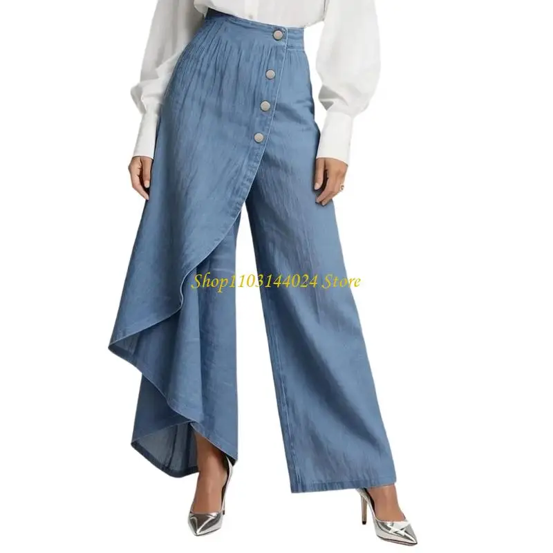 N5KE Ruffled Wide Leg Skirted Pants For Women High Waist Asymmetrical Wrap Trousers