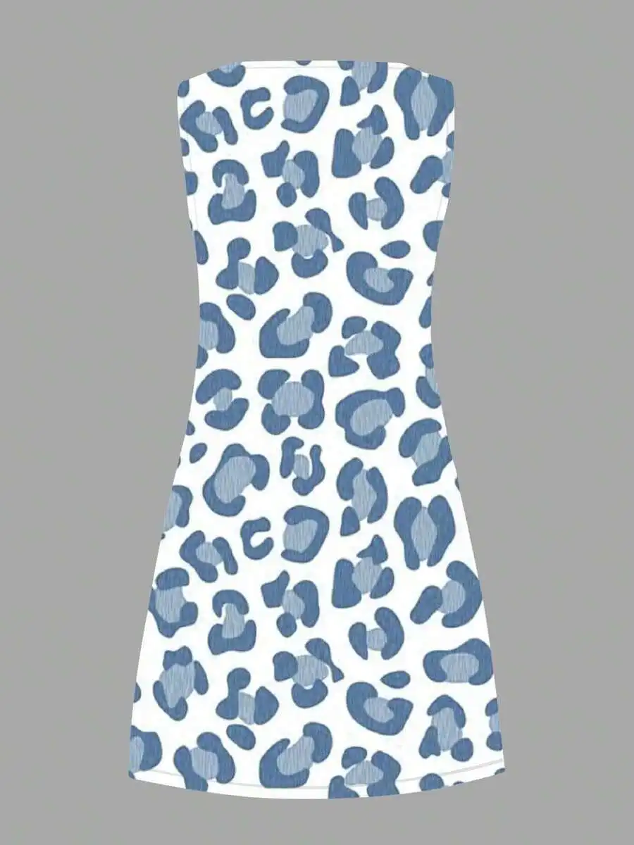 

Blue Leopard Print Sleeveless Dress Round Neck Flared Hem Casual Active Wear