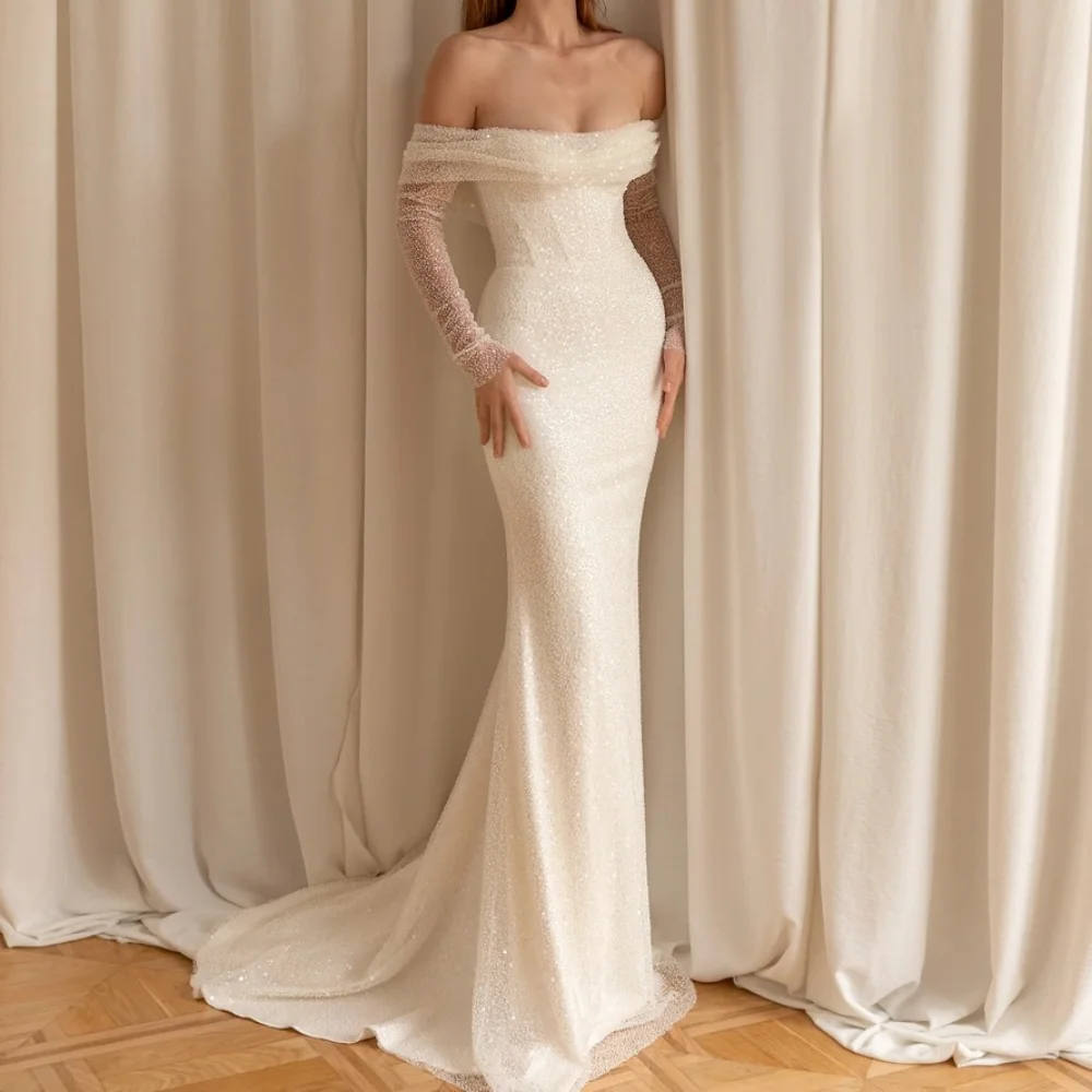 Fashion Sequined Off The Shoulder Full Sleeves Mermaid Wedding Dresses Detachable Train Bridesmaid Dress