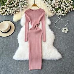 Chic O-neck Long Sleeve Elegant Criss-Cross Slim Knit Pencil Dress High Street Women Vintage Korean Sexy Autumn Winter Clothing