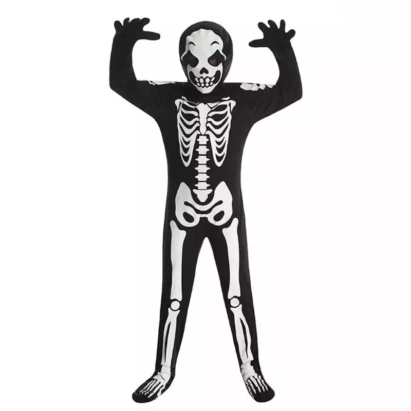 Costume d'halloween, combinaison squelette blanc, Costume de fête pour jeu de rôle Cosplay, vêtements effrayants en os fantôme, tenue complète du corps, robe fantaisie
