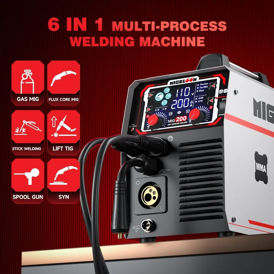 200A MIG Welding Machine 110V 220V 6in1 Gas MIG Gasless Flux Core Stick Lift TIG Spool Gun Syn MIG Welder Machine Multiprocess