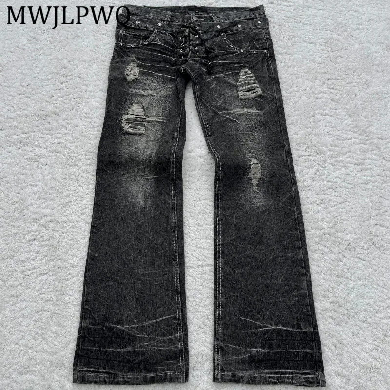

MWJLPWQ Y2K American Dark Washed Denim Jeans Men's New Gothic Style Retro High Street Autumn Lace-Up Flared Trousers 16524