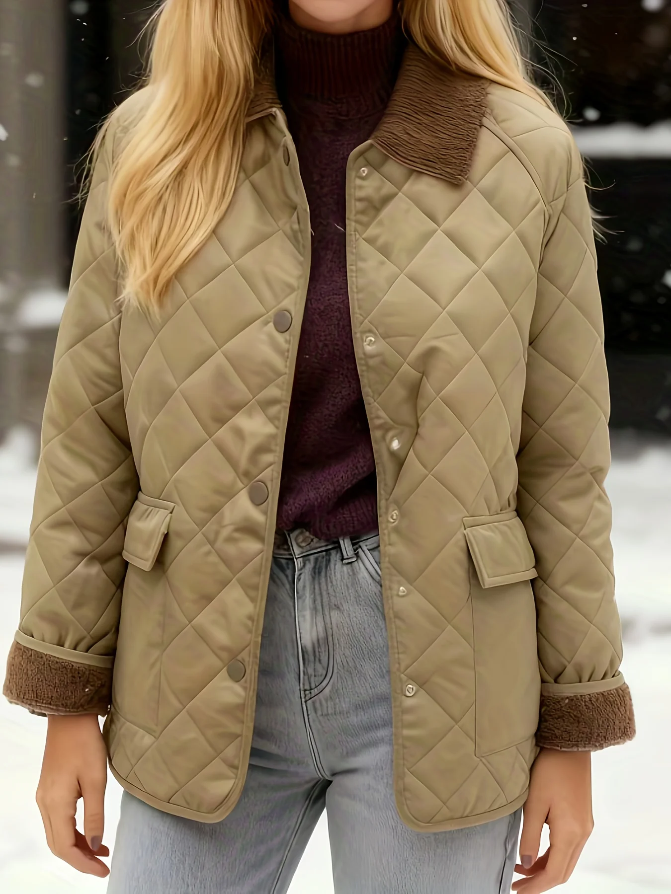 Women's Elegant Lapel Jacket, Color-Blocking, Pocket Details, Outerwear, Fashionable Casual Style