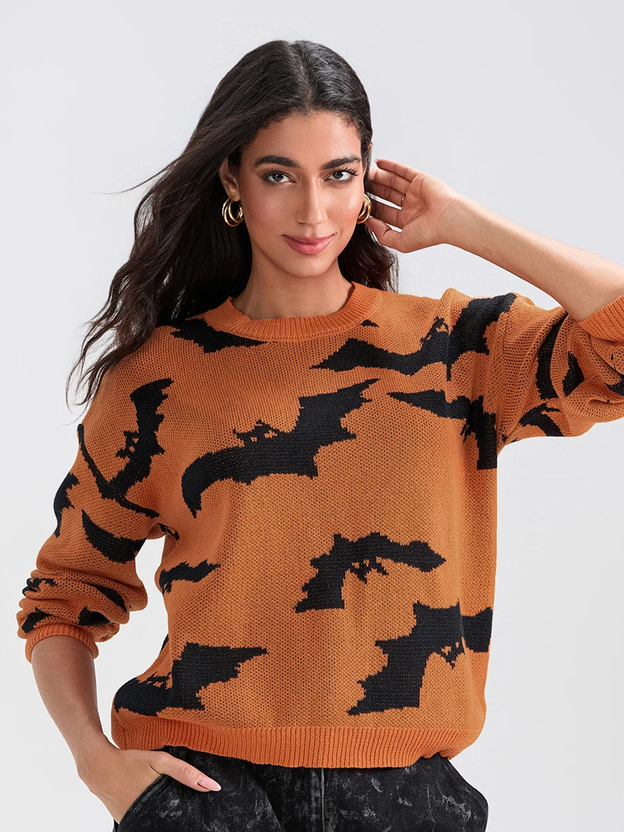 Women Halloween Sweater Long Sleeve Crew Neck Bats Pullover Warm Sweater for Fall Winter