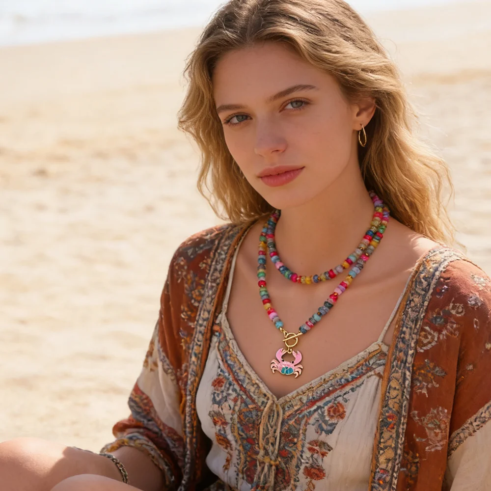 Bunte Glasperlen-Halskette mit bemaltem Krabben-Anhänger für Damen, modisches Original-Design, Choker-Halskette, täglicher Schmuck, Accessoires