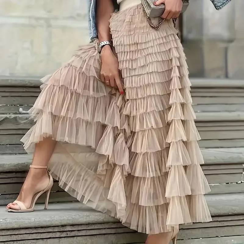 

Long Elegant Solid Color Mesh Flared Skirt A Line Ruffle High Waist Tiered Layered Skirts Summer Lovely Cake Elastic Skirt