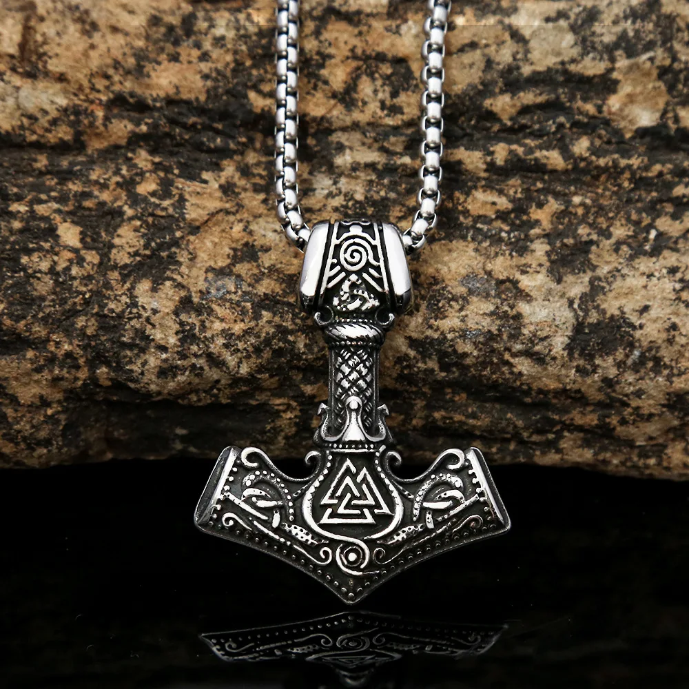 

100pcs/lot style men's fashionable stainless steel necklace jewelry Thor Hammer Odin Triangle Rune Titanium Steel Pendant