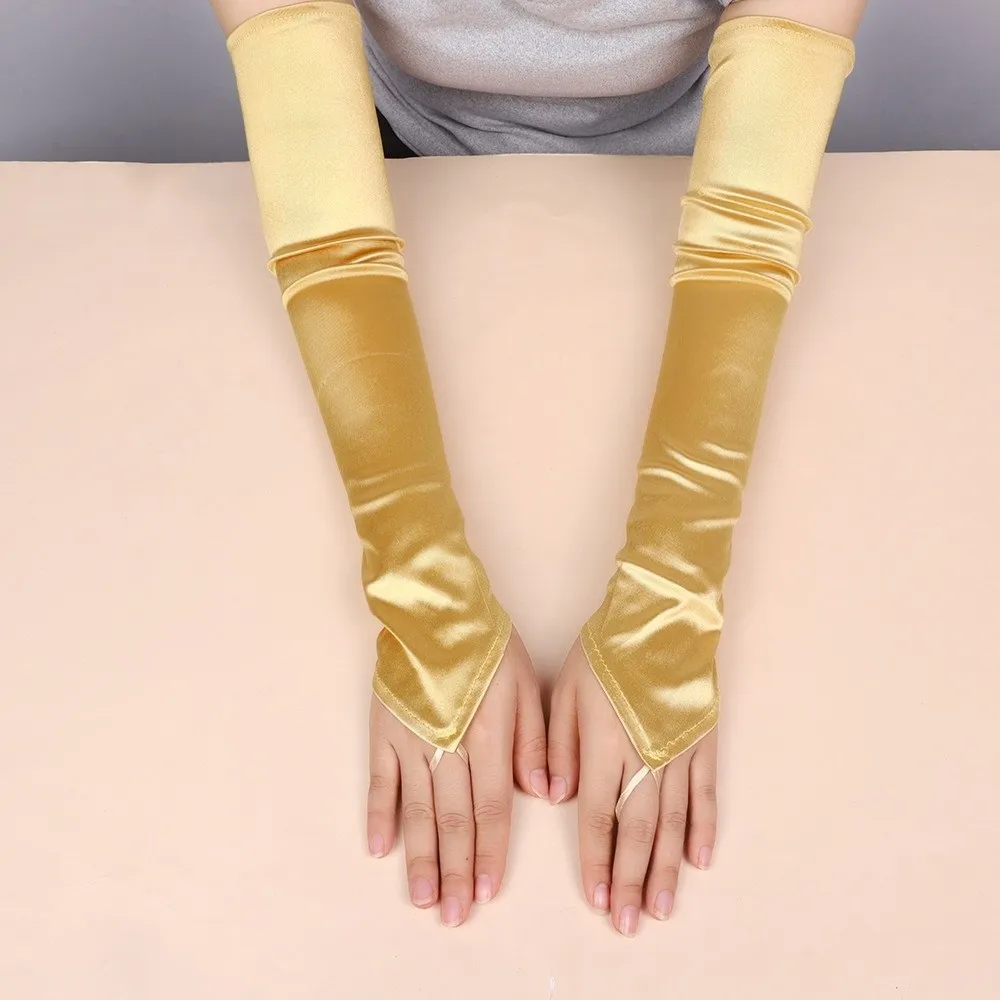 New 49CM Women Gloves Solid Retro Satin Hook Finger Gloves Stage Performance Elasticity Long Fingerless Gloves Wedding Bride