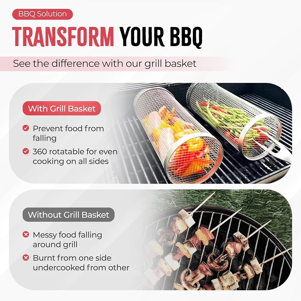 Round Grilling BBQ Basket Stainless Steel Rolling Grilling Basket Wire Mesh Cylinder Grill Basket Portable Outdoor Camping Barbe