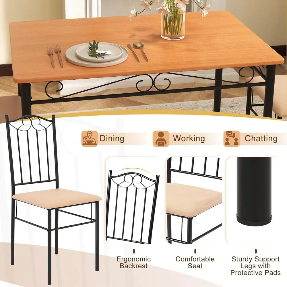 Ensemble de table à manger 4 places avec base en métal et chaises rembourrées, noir et jaune, meubles de cuisine peu encombrants