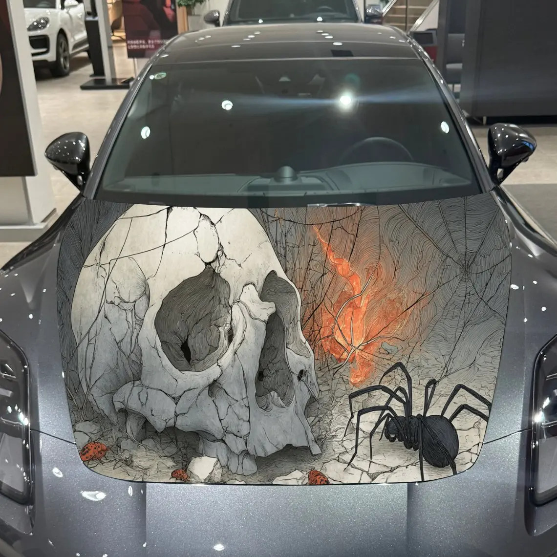 Gothic Skull Spider Dominance Scene PVC Car Hood Wraps, Self-Adhesive Waterproof Car Bonnet Decal Sticker, Car Decoration Protec
