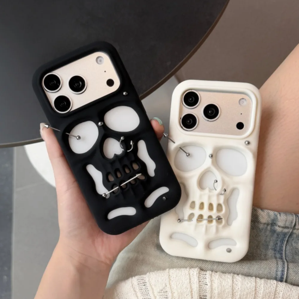 3D-Nieten-Totenkopf-Silikon-Handyhülle für iPhone 18 17 16 15 14 Pro Max Plus, Gothic-Punk-Skelett, weiche stoßfeste Schutzhülle