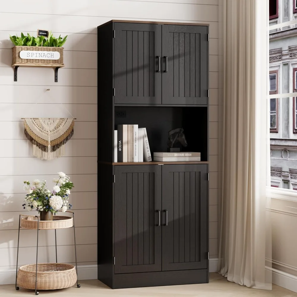 

71" Tall Pantry Cabinet with Charging Station, Farmhouse Kitchen Hutch with Adjustable Shelves, Modern Kitchen Pantry Storage Ca