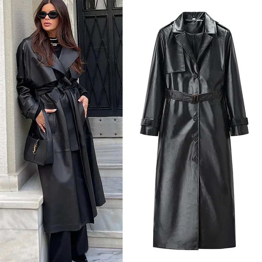 

Women Autumn Winter Windbreaker Faux Leather Coat With Belt Single Breasted Turn-Down Collor Vintage Long Sleeve Outerwear