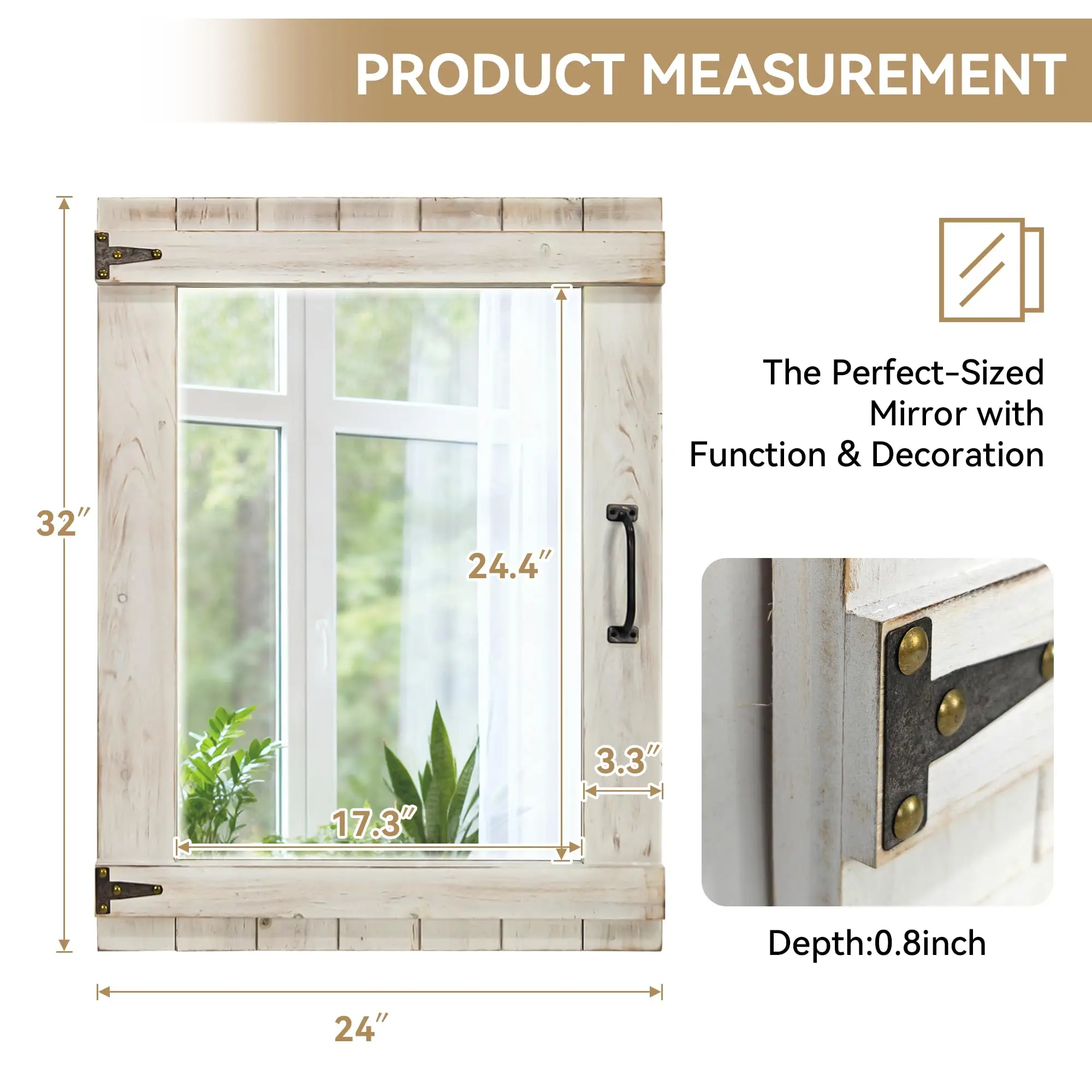 Farmhouse Mirror, 24x32 Inch Distred White Wood Fe with Black Metal Hinges, Rustic Wall Mirror for Bathroom, Living