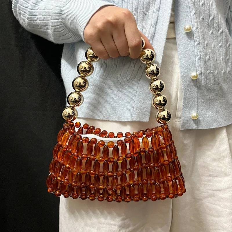 

Новая роскошная женская сумка ручной работы из бусин цвета кристаллического янтаря, с ажурным узором под черепаховый панцирь, в стиле ретро, для вечерних выходов и телефона