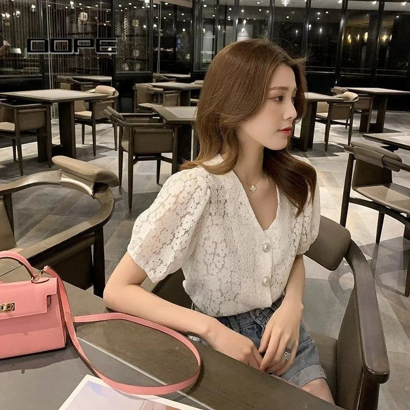 

Short Sleeve Shirts Womens Ruffle Chiffon Blouse Pleated Puff Allmatch Modern Simple Button Down Stand Collar Casual Top