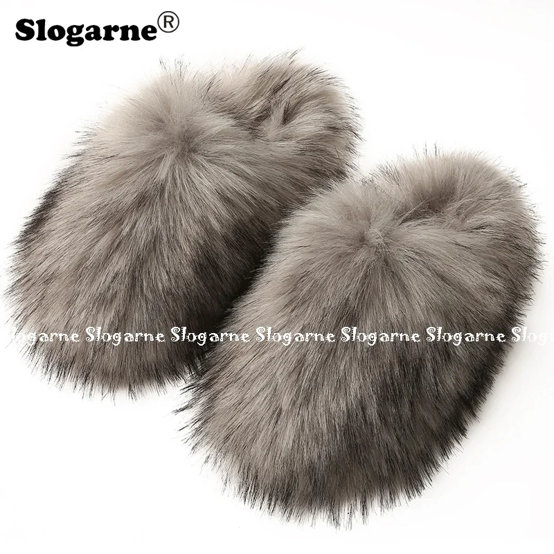 2024 Women Winter Raccoon Fur Slippers Warm Plush Slides Girls Luxury Furry Faux Fur Slippers Home Cotton Shoes Indoor Fur Slide