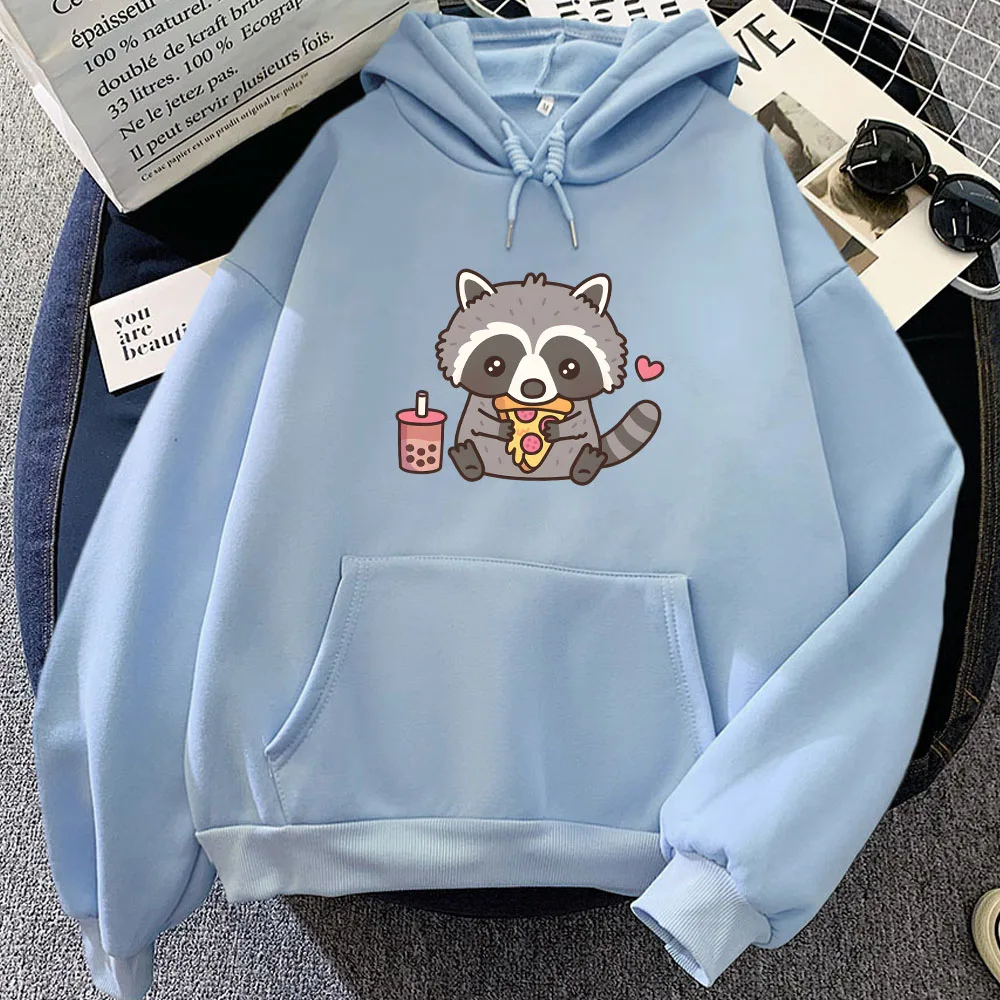 Cute Raccoon Eating Bubble Milk Tea and Pizza Hoodies Kawaii Cartoon Women Sweatshirts Aesthetic Moletom Sudaderas Girls Hoody