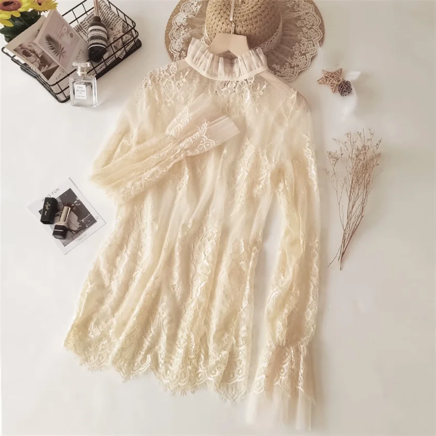 2023 Autumn Casual Women Short Blouse Lace Shirt Winter Long Sleeve Stand Collar Blousas Basic Tops Pullovers Bottomings WZ2338