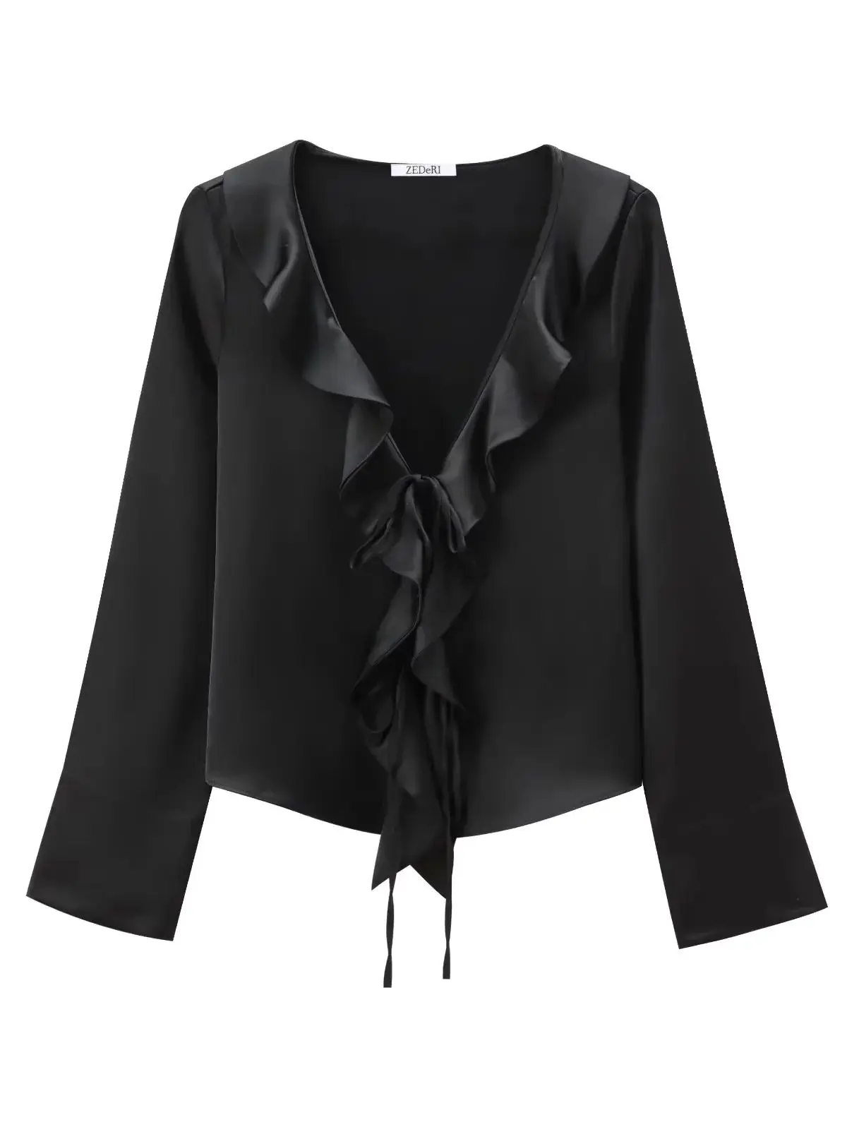 XNWMNZ 2024 Women's Fashion Ruffle Satin Shirt Women Retro V-neck Long Sleeve Tie Versatile Female Top