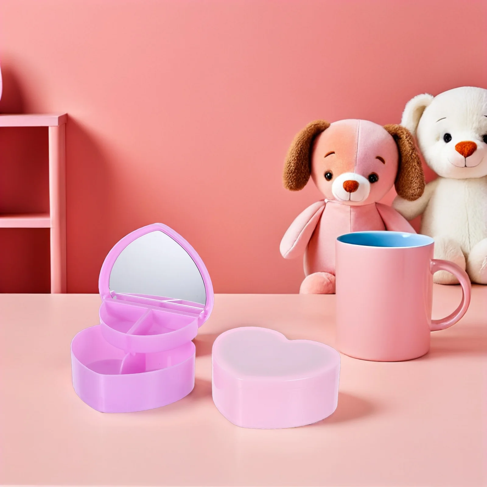 

2Pcs Heart Shaped Jewelry Box for Girls Double Layer Storage with Mirror Compact Organizer for Hair Clips Headbands Kids Trinket