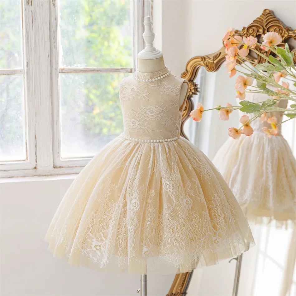 Girls Beige Lace Tulle Dress Pearl Neckline Sleeveless Elegant Wedding Birthday Party Princess Gown Kids Pageant Dress ASQ03