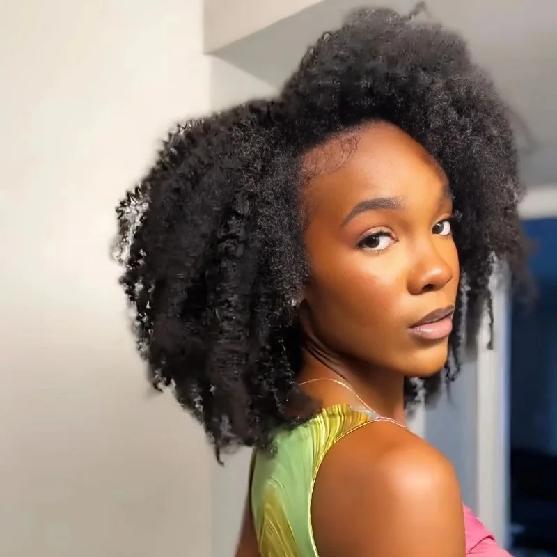 

Half Wig Afro Fluffy Curly 3 In 1 Half Wigs Human Hair Seamless Kinky Curly Flip Over Drawstring Band Clip in Brazilian Hair
