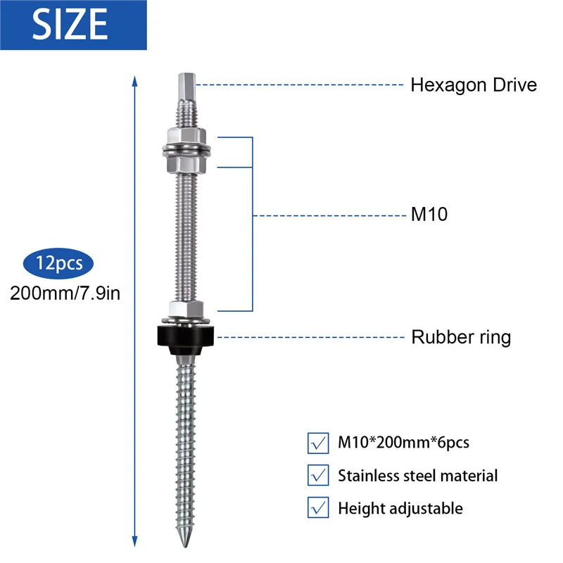 Hanger Bolts, M10 x 200 mm, Pre-Assembled, V2A, Height-Adjustable, for Photovoltaic Solar Mounting Roofs, 8 Pack