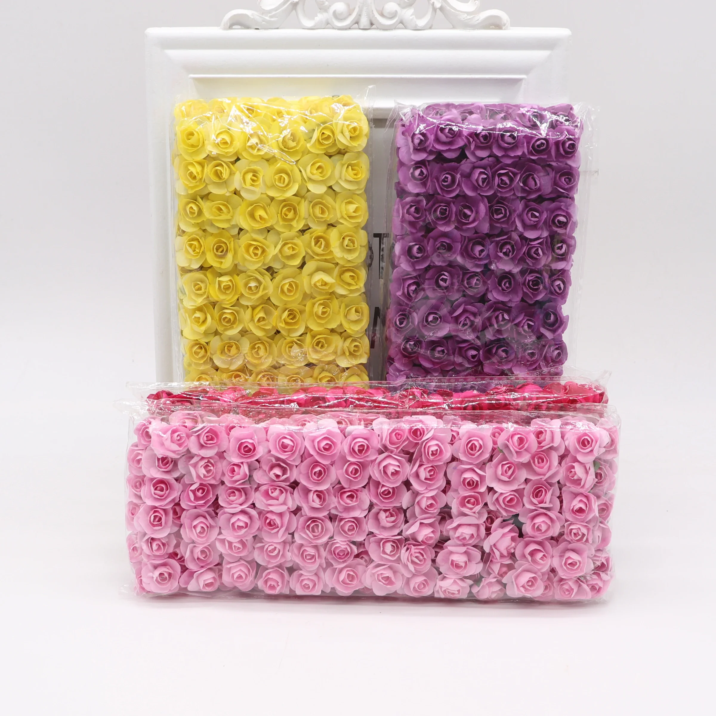 144pcs 1.5cm Mini Artificial Mini Paper Rose Bouquet DIY Wreath Scrapbook Wedding Ornament Artificial Rose Artificial Flower