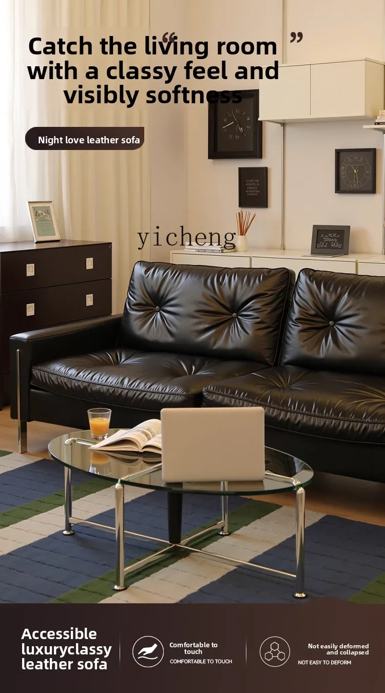 b11-7.1  Vintage Style Minimalist Genuine Leather Sofa Straight Row Small Apartment Black Retro Sofa