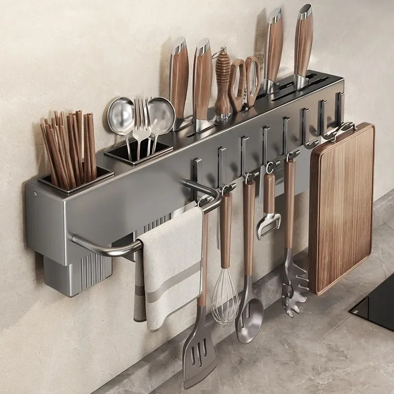 Wall Mounted Kitchen Shelf Non Punching Knife Holder Multi Functional Chopstick Container Integrated Household Storage Rack