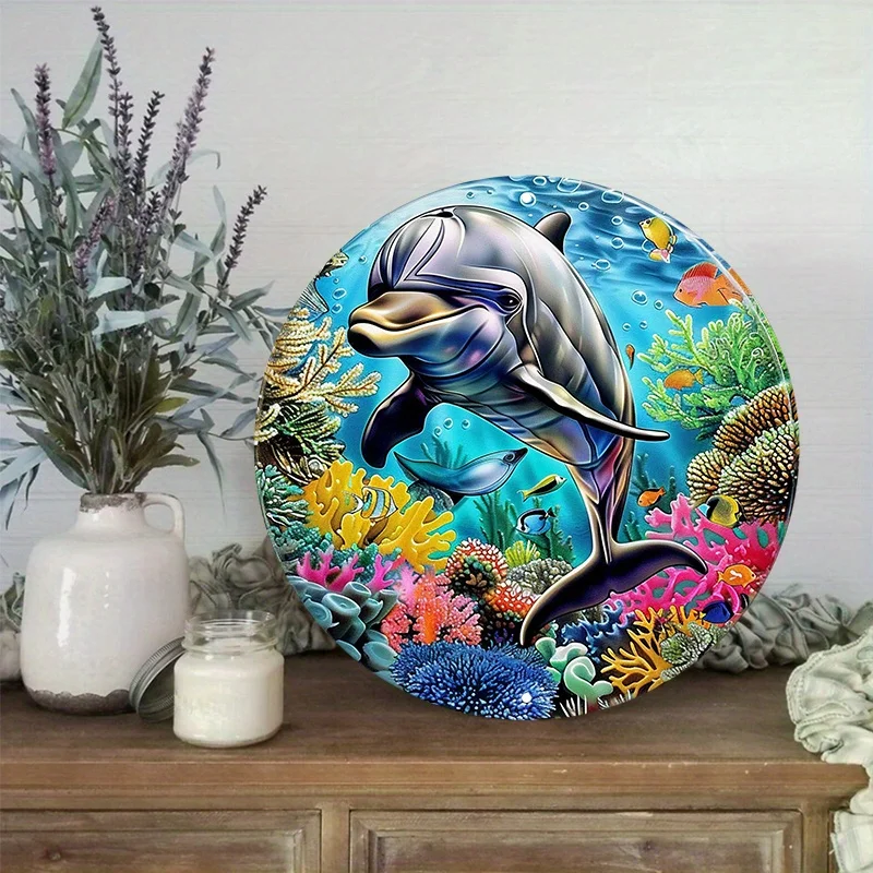 Aluminum Metal Sign, Dolphin & Coral Reef Wreath Decoration, Suitable for Home, Office, Event Decorat, Decorative Wall Poster