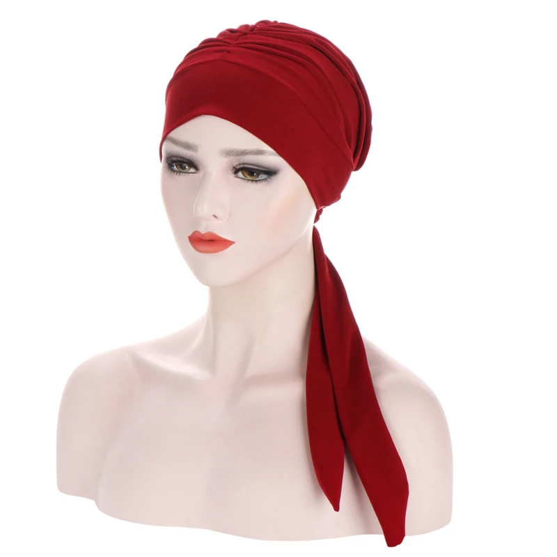 Muslim Women Stretch Solid Wrinkle Turban Hat Cancer Chemo Beanies Caps Pre-Tied Scarf Headwear Headwrap Plated Hair Accessories