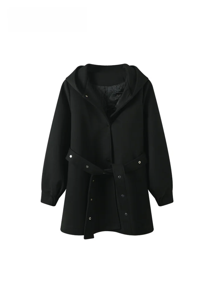 

Длинная женская куртка-свек с капюшоном больших размеров, модная утягивающая универсальная осенняя хлопковая шерстяная верхняя одежда для груши