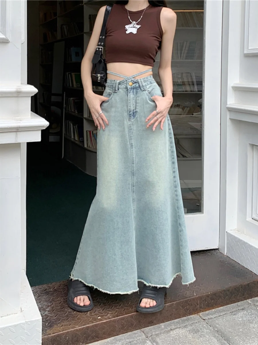 

Retro American Light Wa Denim ter Ne Dr Women's High Waist Slim A-Line Fi Tail Skirt Long Skirts