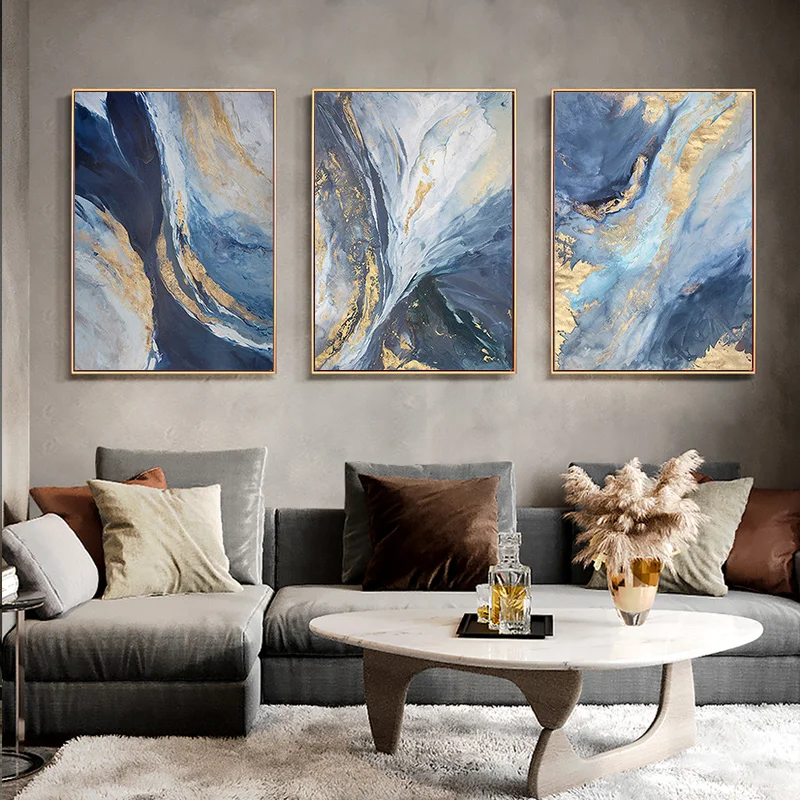 Set Of 3 Navy Blue Gold Foil Abstract Fluid Canvas Wall Art Modern Marble Texture Painting Print For Living Room Home Decor