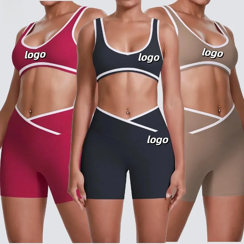 Contrast Color Sets Women Bra Push up Shorts 2pcs Yoga Sets Gym Fitness Activewear Workout Sets Gym Clothes Sportswear logo